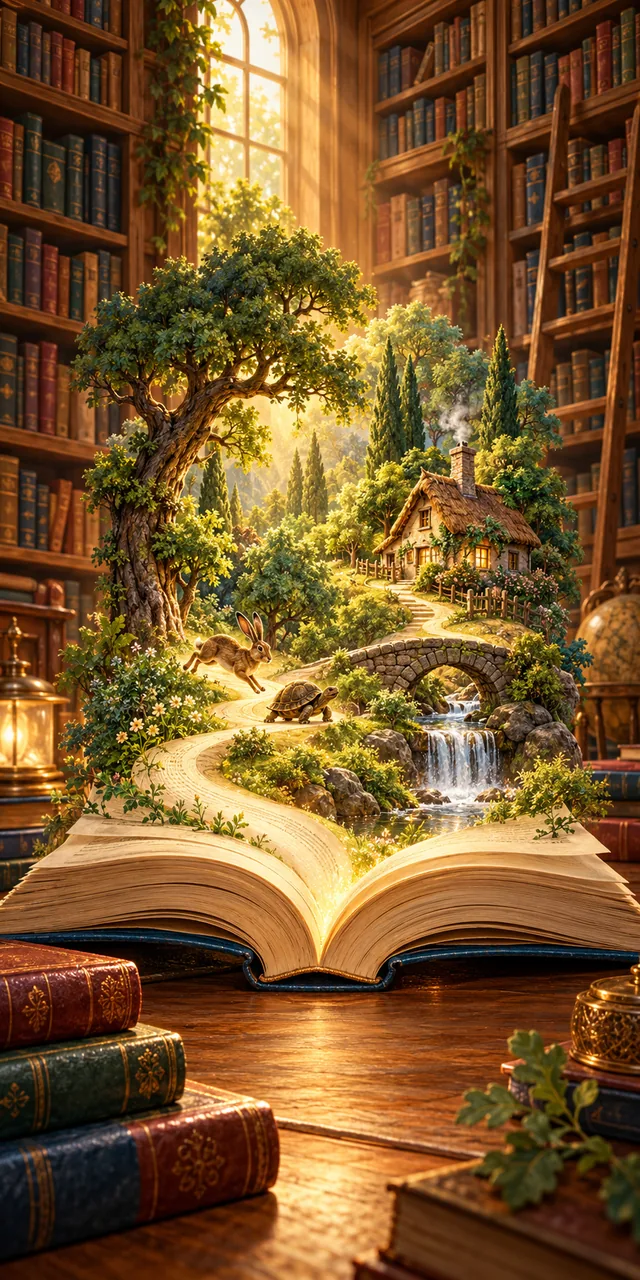 Biblioteca com um livro aberto revelando uma floresta.