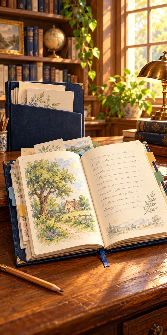 Álbum aberto com desenhos e produções do jovem escritor.