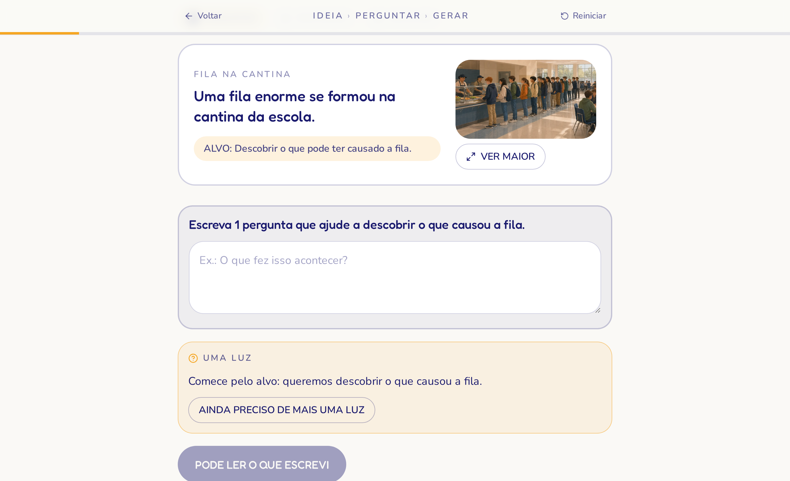 Tela real da experiência PERGUNTAR → GERAR, com alvo, campo de resposta e pista