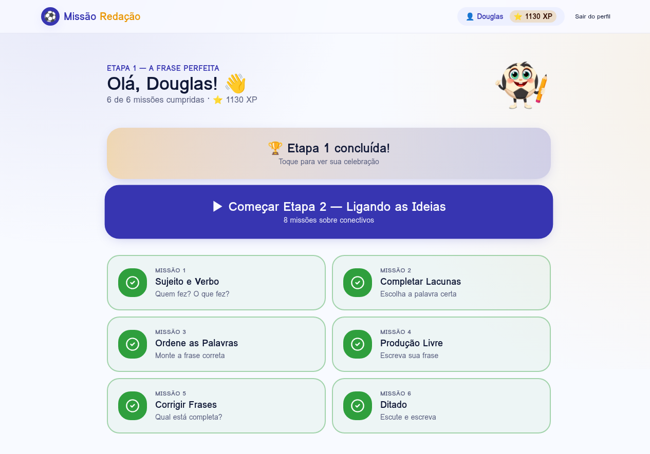 Tela da Trilha de Prática com as seis etapas e as missões disponíveis